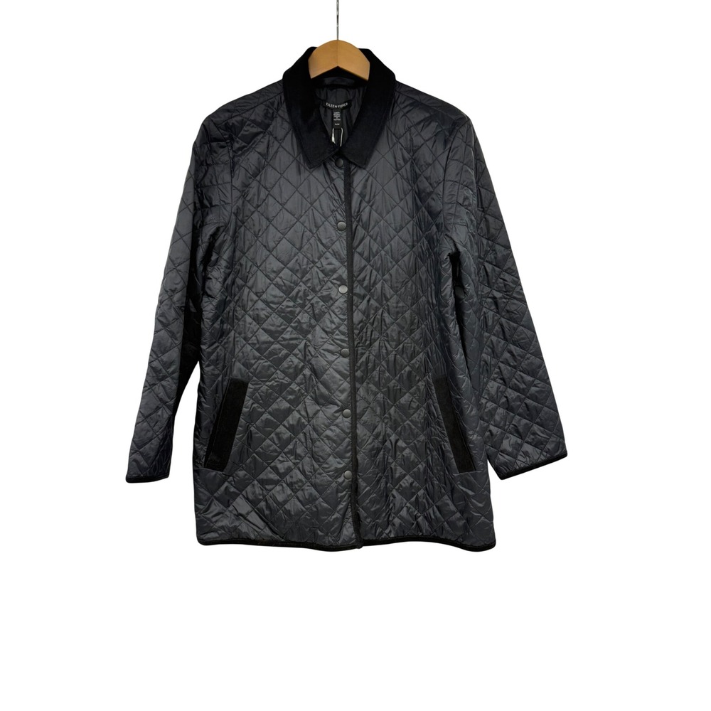 Eileen Fisher Black Long Quilted Coat Recycled Nylon Corduroy Collar PS NEW